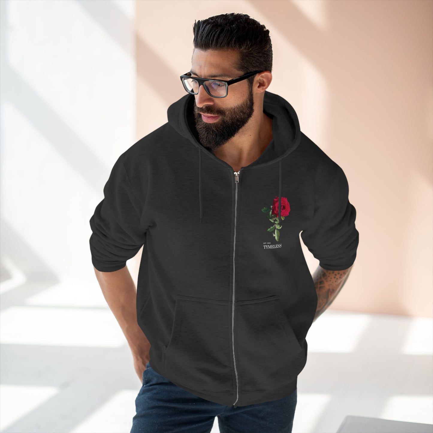 TymeLess Red Rose Men's Premium Zip Hoodie